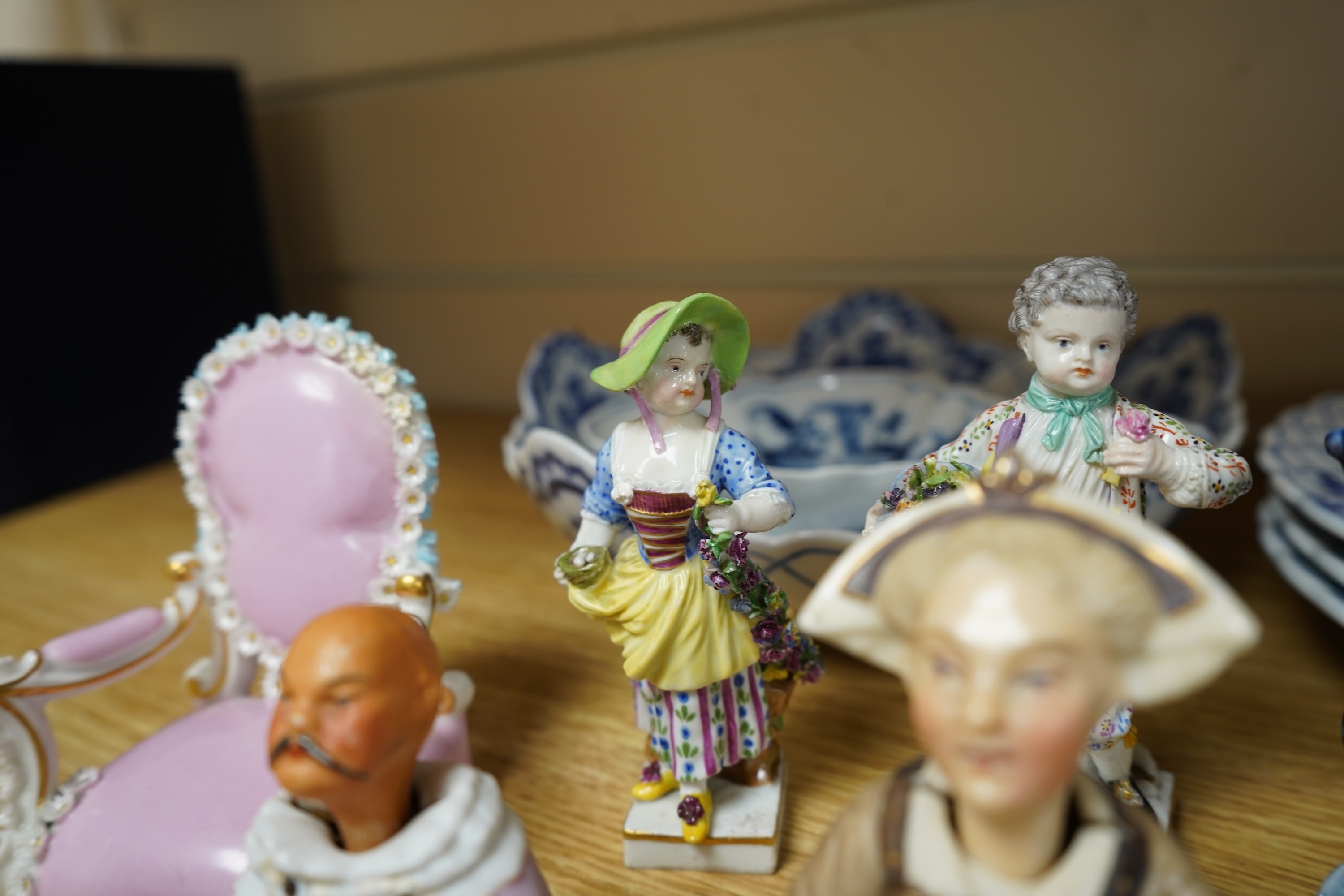 A collection of Meissen style blue and white china and various of nodding figures etc. largest item dish 21cm diameter